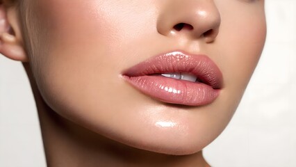 Fototapeta premium Detailed close-up of lips featuring a digital gloss effect, set against a neutral background to illustrate the intersection of beauty and technological advancement.