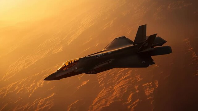 F-35 Lightning II fighter jet soars through golden skies, a powerful symbol of aviation