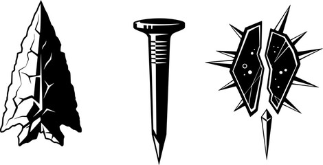 Three sharp objects with spikes in black and white