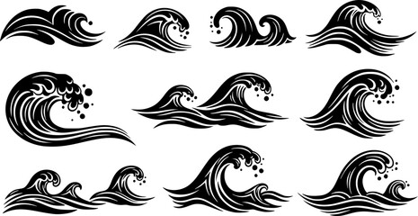 Fototapeta premium Four stylized black water wave illustrations set vector,