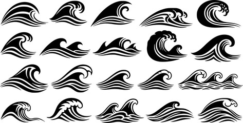 Fototapeta premium Four stylized black water wave illustrations set vector,