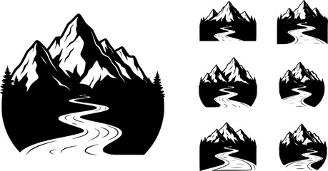 Fototapeta premium mountain and river, Black and White Mountain and River Graphic,Earth day, icon, vector, silhouette, illustration,