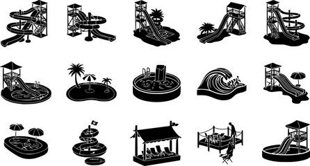 Summer water park, icon set, vector, silhouette,