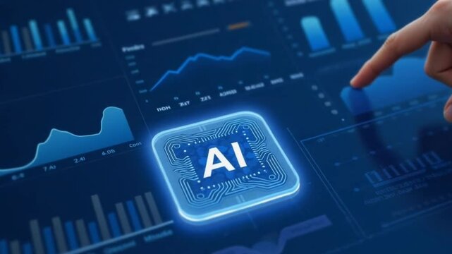 AI generative artificial intelligence and data analysis. Analyzing business financial data or marketing statistic. AI generate analytics results with many graphs on dashboard. Analyst touching button. - Powered by Adobe