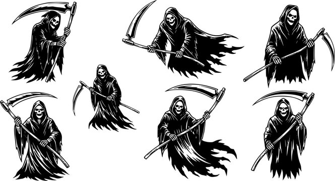 Grim reaper with scythe in black and white design
