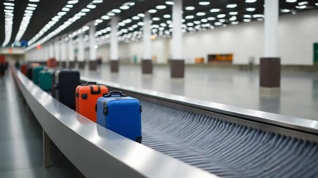 Conveyor belt at airport baggage claim with various suitcases , airport, baggage claim, conveyor belt