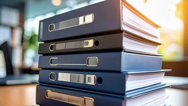Stack of paper files and ring binders on wooden office desk with blurred background and sunlight.