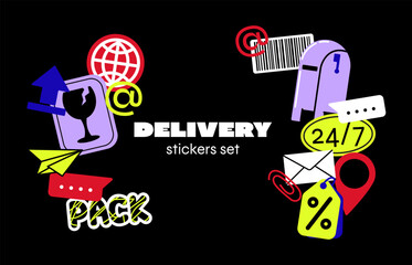 Collection of delivery stickers, shipping tags, and packaging labels. Futuristic y2k patches, labels, tags, stickers, bracelet stamps in retro style. Trendy and playful Y2K vector set for branding
