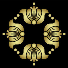 Geometrical ornament with stylized flowers. Old Russian folk style. Golden glossy silhouette on black background.