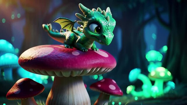 A small green dragon sits on top of a glowing mushroom in a fantasy forest at night