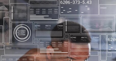 Digital data panels animating over frame, boxer taking stance throwing combos for sports analytics - Powered by Adobe