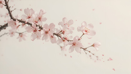 Fototapeta premium Single Japanese cherry blossom branch over a soft off-white background — Zen-inspired, minimal and elegant” 