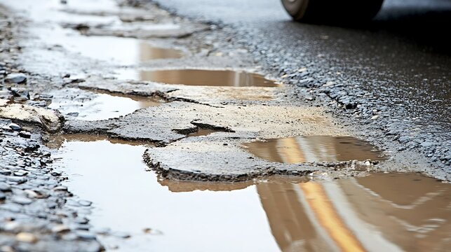 Damaged road with potholes filled with water presenting a hazardous surface