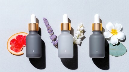 Obraz premium Generative AI, Minimal essential oil bottles with natural elements