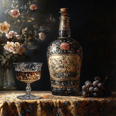 Vintage wine bottle with glass and grapes - still life