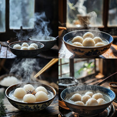 Steaming rice balls in traditional bowls - asian food