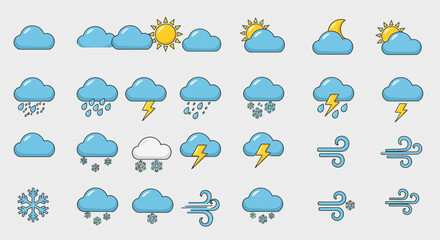 Obraz premium A complete set of flat style weather icons featuring various conditions including sun, clouds, rain, snow, wind, and thunderstorms. Ideal for mobile apps, websites, dashboards, infographics