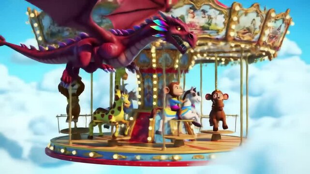 Animated colorful carousel with animals flying in the sky
