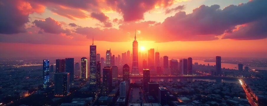 A sleek, modern cityscape skyline at sunset, symbolizing the far-reaching influence and high status associated with prestige and achievement , night, skyline