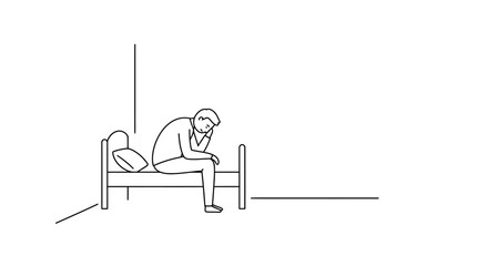 Naklejka premium Lonely Man Sitting on Bed – Depression and Sadness Illustration