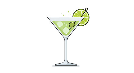 Vector illustration of a classic martini cocktail glass with green olives, presented in a clean flat design style on a white background. Perfect for bar menus,