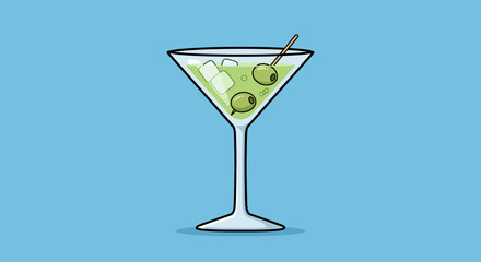 Vector illustration of a classic martini cocktail glass with green olives, presented in a clean flat design style on a blue background. Perfect for bar menus,