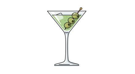 Vector illustration of a classic martini cocktail glass with green olives, presented in a clean flat design style on a white background. Perfect for bar menus,