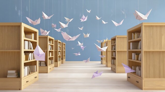 Floating origami birds in a serene library with wooden shelves, symbolizing imagination, creativity, and the freedom found through reading.