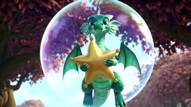 Animated dragon holding golden star in a shimmering bubble childrens cartoon character illustration