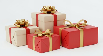 Obraz premium A Collection of Beautifully Wrapped Gifts with Gold Ribbons and Bows Ready for Celebration