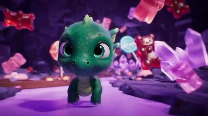 Animated dragon nestled in a candy cave full of colorful crystals and sweets - Powered by Adobe