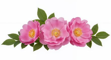 Three Delicate Pink Dog Roses with Lush Green Leaves Isolated on White Background Floral Arrangement