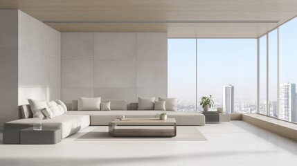 Modern Minimalist Living Room with Sunlit Interiors and Neutral-Tone Decor