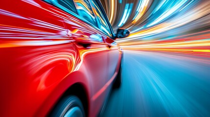 Red car speeding through the city at night with motion blur effect and abstract lights