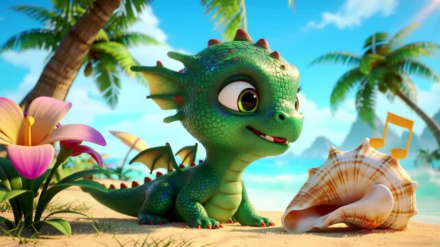 Animated green dragon on a sunny tropical beach with shells and plants
