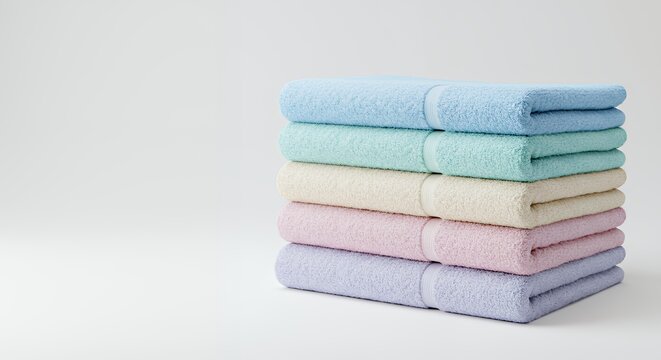 Stack of Soft Pastel Colored Bath Towels,Neatly Folded, Clean and Fluffy Towels, Ready for Use, Perfect for Bathroom Luxury