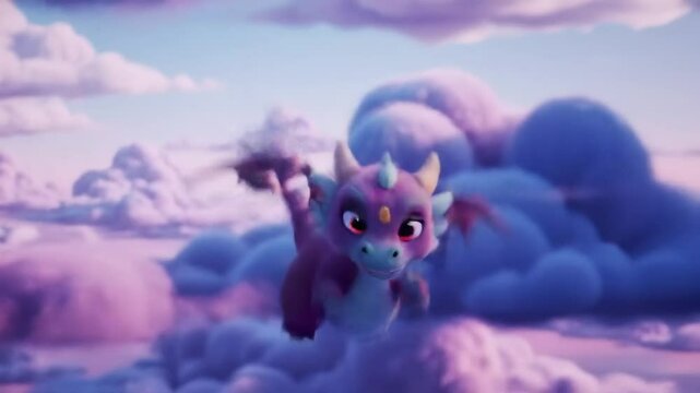 Animated pastel pink and purple dragon flying amongst fluffy clouds in a soft light