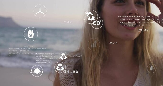 woman facing camera initiating AR climate data icons fading around head for tracking emissions