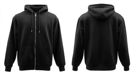 Black hoodie front and back view, minimalist style on plain background. Simple and versatile urban fashion essential.
