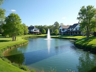 Summer homes next to curving pond with two water fountains neighborhood