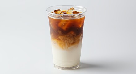 Refreshing Iced Latte Coffee Drink in Plastic Cup with Ice Cubes