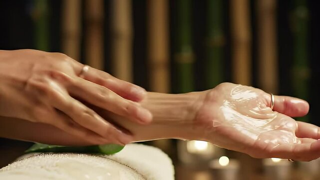Close Up of Hands Receiving Oiled Massage Treatment with Aloe Vera in Soft Candlelight Setting on Wooden Table with Bamboo Background