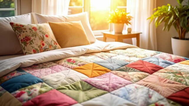 Bright airy bedroom with comfortable bed, colorful patchwork quilt, pillows, bedside table with flowers and plant in a pot