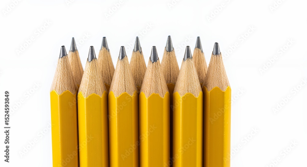 Poster close-up view of ten sharpened yellow pencils arranged in a row against a white background