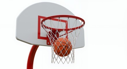 Basketball Swish: Orange Sphere Entering the Net of a Red and White Hoop Against a Clear Sky