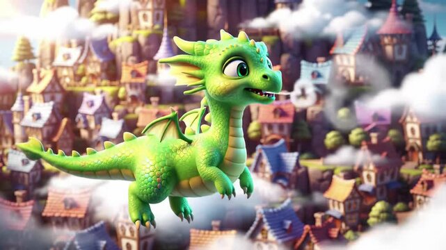 Cartoon dragon flying over a magical village scene