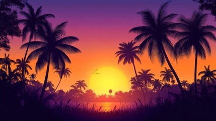 Obraz premium Silhouette of tropical palm trees at sunset.