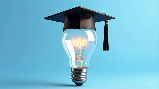 Conceptual image depicting a graduation cap atop a lightbulb symbolizing education and innovative ideas on a blue background.