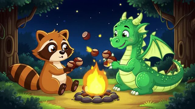 Cartoon raccoon and dragon sharing nuts by campfire at nighttime
