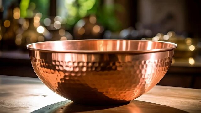 Close-up of hammered copper bowl resting on wooden surface with blurred background, showcasing its texture and artisan craftsmanship.
